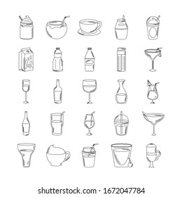 drinks beverage glass cups bottle alcoholic liquor icons set vector illustration line style icon