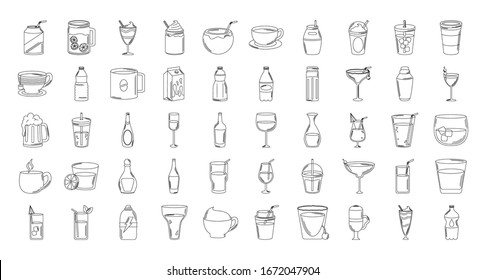 drinks beverage glass cups bottle alcoholic liquor icons set vector illustration line style icon