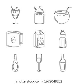 Drinks Beverage Glass Cups Bottle Alcoholic Liquor Icons Set Vector Illustration Line Style Icon