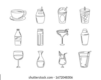 bebidas bebidas copas de vidrio botellas iconos de licor alcohólico conjunto ilustración vectorial estilo línea icono