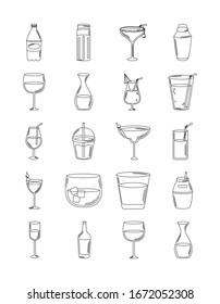drinks beverage glass, cups, bottle. Alcoholic liquor icons set.  Line style 
 vector illustration icons.