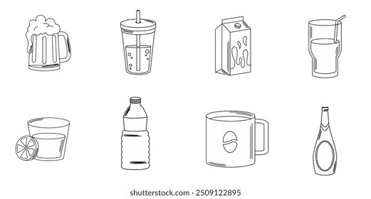 Drinks beverage glass cups bottle alcoholic liquor icons set line style icon  Vector