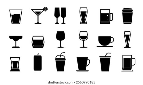 Drinks and Beverage Icon set, Isolated Cocktail and Alcohols vector black symbol, Bar's menu graphic elements, Beer glass, Vodka, Soda and juice illustration, editable