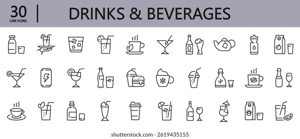 Drinks and Beverage line icons set with Lemonade, Coffee, Tea, Water, Beverage, Wine, Juice, Bottle and more. Editable Stroke