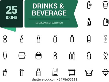 Drinks and beverage service industry mimimal icons set. Related to Beverage, Cuisine, Catering, Snacks, Bars, Restaurants, Hospitality. Simple editable stroke vector illustration.