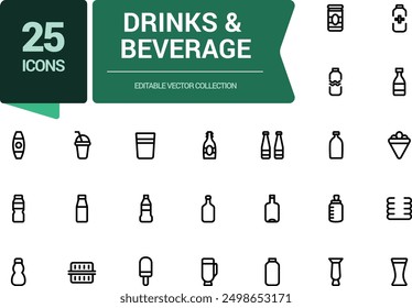 Drinks and beverage service industry mimimal icons set. Related to Beverage, Cuisine, Catering, Snacks, Bars, Restaurants, Hospitality. Simple editable stroke vector illustration.