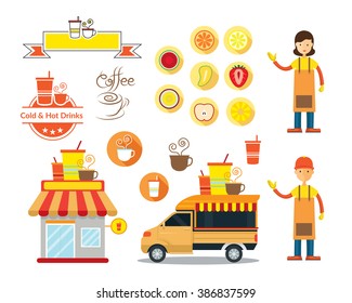 Drinks and Beverage Shop Design Elements, Store, Truck, Seller, Cartoon, Icons, Logo
