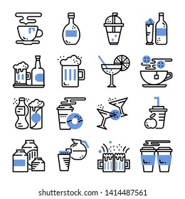 drinks and beverages blue outline design icon vector set