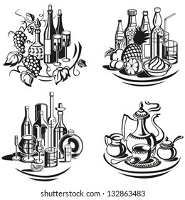 Drinks and beverages Decorative menu vignettes for cold drinks, hot beverages and spirits