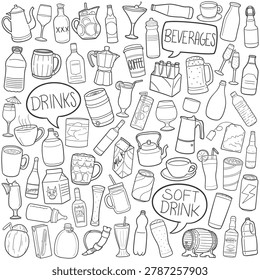 Drinks and Beverages Doodle Icon Hand Draw Line Art Collection Set.