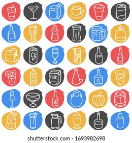 Drinks and beverages doodle icons. Vector illustration lounge bar round symbols.
