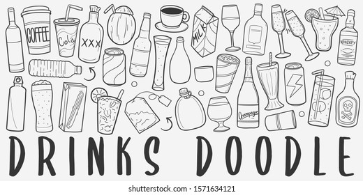 Drinks and Beverages Doodle Line Art Illustration. Hand Drawn Vector Clip Art. Banner Set Logos.