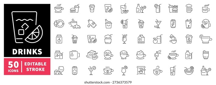 Drinks and beverages editable line icons set. refreshment and cocktail designs