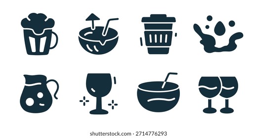 Bebidas y bebidas excelente icono de colección. Conjunto de taza de cerveza, tazón de jugo, taza para llevar, salpicadura de líquido, jarra, copa de vino, tazón de batido e iconos de vasos