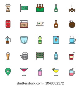 Drinks and beverages filled outline icons set, line vector symbol collection, linear colorful pictogram pack. Signs, logo illustration, Set includes icons as beer mug, water jug, wine barrel, cocktail