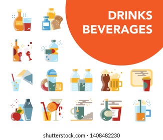 drinks and beverages flat design icon vector set