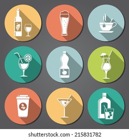 Drinks and beverages flat icons with long shadow