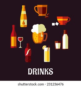 Drinks And Beverages Flat Icons Showing Silhouettes Of A Wine Bottle And Glass, Beer, Coffee, Tea, Milk Bottle And Glass, Orange Juice And A Soft Drink Soda On A Black Background, Vector Illustration