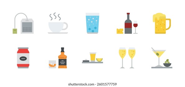 drinks beverages fresh drinking icons. flat color style icon set