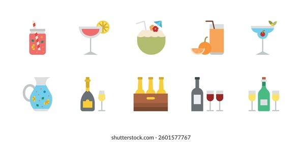 drinks beverages fresh drinking icons. flat color style icon set