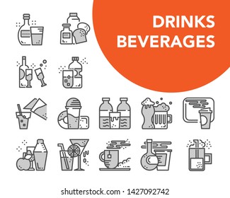 drinks and beverages grey outline design icon vector set