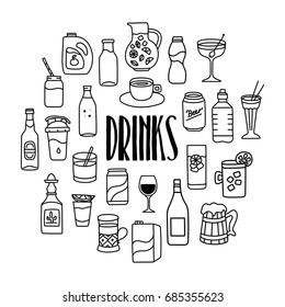 Drinks and beverages hand drawn doodle icons set with dairy, alcohol, soft drinks.