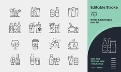 Drinks And Beverages Icon Collection Containing 16 Editable Stroke Icons. Perfect For Logos, Stats And Infographics. Edit The Thickness Of The Line In Any Vector Capable App.