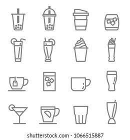 Drinks And Beverages Icon Set. Included The Icons As Bubble Tea, Hot Coffee, Iced Tea, Lemonade, Frozen Drinks, Blended Drinks, Cocktail And More.