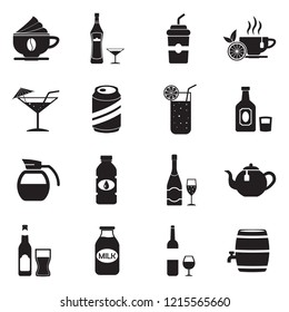 Drinks And Beverages Icons. Black Flat Design. Vector Illustration. 