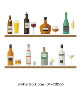Drinks and beverages icons. Bottles of alcoholic beverages with mugs and glasses. Vector flat illustration.