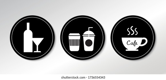 Drinks and Beverages icons, Cafe icons set, Rounded black sign mockup, Vector EPS10.