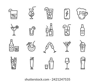 Drinks and beverages icons set.Cocktails and drinks simple line icons collection for web, app, social media and promotional materials. vector illustration. 