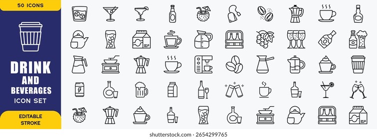  Drinks and beverages line icon sets. Sparkling water, iced coffee. Vector illustration. editable stroke