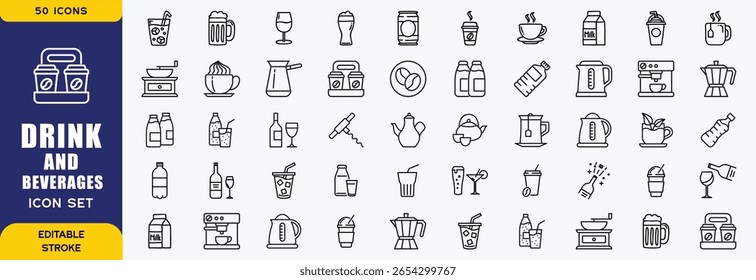  Drinks and beverages line icon sets. Sparkling water, iced coffee. Vector illustration. editable stroke