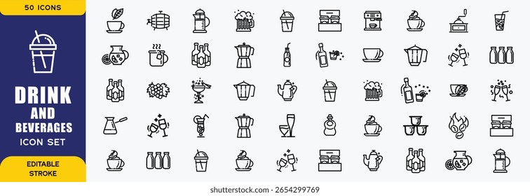  Drinks and beverages line icon sets. Sparkling water, iced coffee. Vector illustration. editable stroke