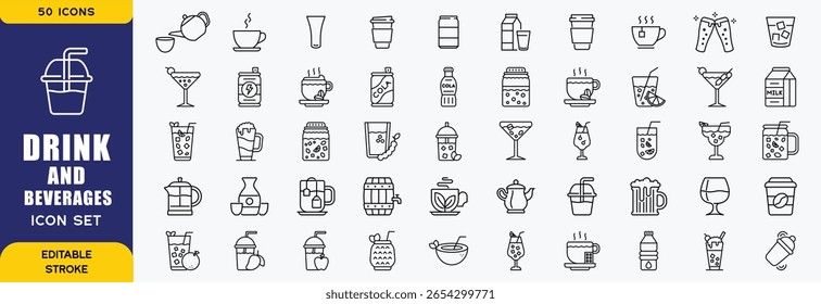  Drinks and beverages line icon sets. Sparkling water, iced coffee. Vector illustration. editable stroke