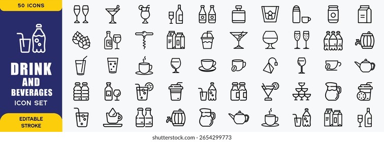  Drinks and beverages line icon sets. Sparkling water, iced coffee. Vector illustration. editable stroke