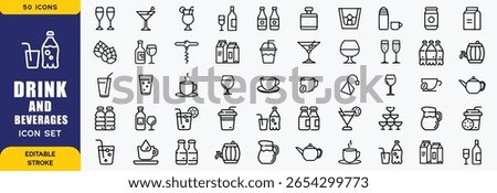  Drinks and beverages line icon sets. Sparkling water, iced coffee. Vector illustration. editable stroke