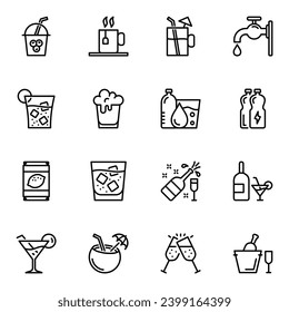 drinks or beverages line icons set. wine, outline, party, graphic, juice, martini, simple, alcohol, pub, restaurant, bar, ice, soda, drinking, champagne, whiskey, cola, isolated, lime, mug, tea, beer