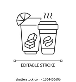 Drinks and beverages linear icon. Ordering soda, juice, beer from warehouses and stores. Thin line customizable illustration. Contour symbol. Vector isolated outline drawing. Editable stroke