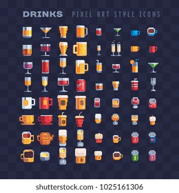 Drinks and beverages pixel art 80s style icon set glass and cups of tea, coffee, cocktail, juice and alcohol. Element design stickers, logo, mobile app, menu. Game assets 8-bit sprite.