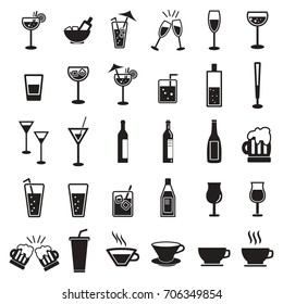 Drinks, beverages and refreshments black vector icon set isolated on white background