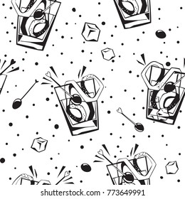 Drinks and beverages seamless background. Vector black and white pattern at doodle style