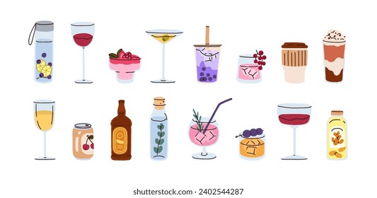 Drinks, beverages set. Alcohol cocktails, herbal water, coffee, martini, wine, iced whiskey in glasses, cups, wineglasses, cans and bottles. Flat vector illustrations isolated on white background
