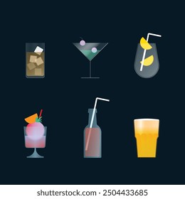 Drinks, beverages set. Alcohol cocktails, beer, martini, wine, iced whiskey in glasses, cups, wineglasses,
bottles. Vector illustrations.