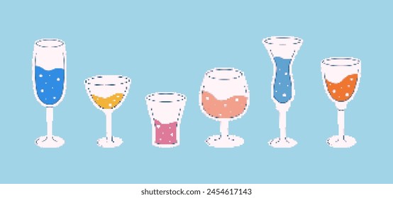 Drinks beverages set pixel art style. Retro 8 bit cocktail sprite, sprite of alcohol juice and soda. Vector game asset for bar menu