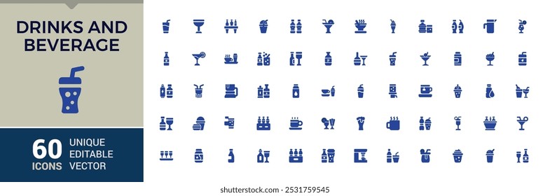 Drinks and Beverages solid icons set. Related to Drink, Juice, Coffe and more. Glyph filled icon collection. Editable flat symbol pack. Pixel perfect. Vector illustration.