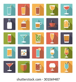 Drinks and beverages symbols vector set. Collection of 25  icons in square shape with rounded corners.