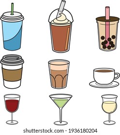 Drinks beverages vector icons flat line art set. Colourful coffee alcohol bubble tea illustration graphics.  