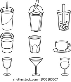 Drinks beverages vector icons flat line art set. Black and white coffee alcohol bubble tea illustration graphics.  